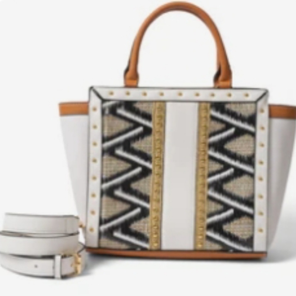 NWT VENUS Tribal Woven Studded Bag Black And White